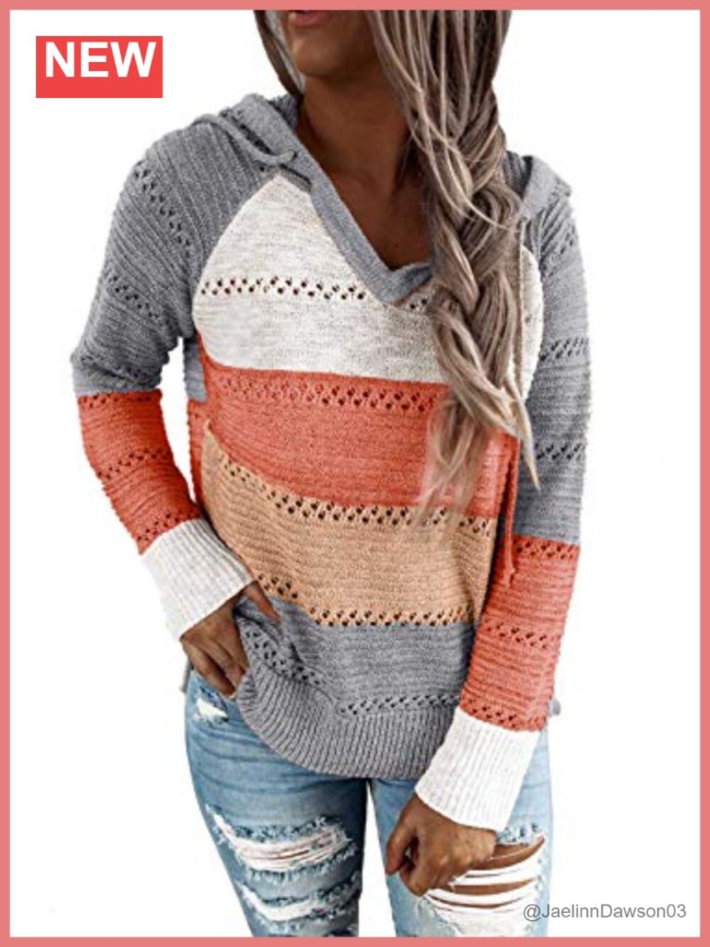 Striped Color Block Hoodie V Neck Long Sleeve Knit Sweater Pullover